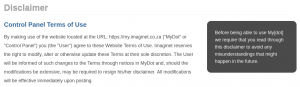 "A screenshot from the Imaginet MyDot control panel showing a disclaimer titled 'Disclaimer' and a section heading 'Terms of use'. Text in a block to the right reads 'Before being able to use MyDot we require that you read through this disclaimer to avoid any misunderstandings that might happen in the future.'"